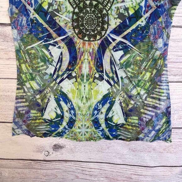 Apt 9 Blouse Size L Tie-Dye Green Blue Crochet Overlay Rhinestones V-Neck Y2K - Picture 4 of 12